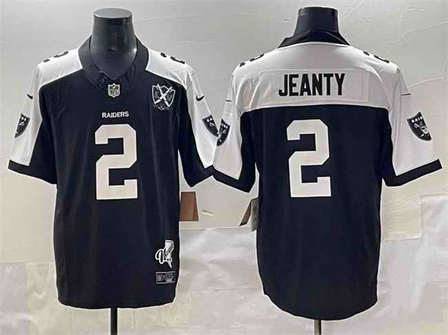 Men's Las Vegas Raiders #2 Ashton Jeanty Black/White 2025 Draft F.U.S.E. With Nevada Silver Stat Patch And 65th Anniversary Patch Stitched Football Jersey